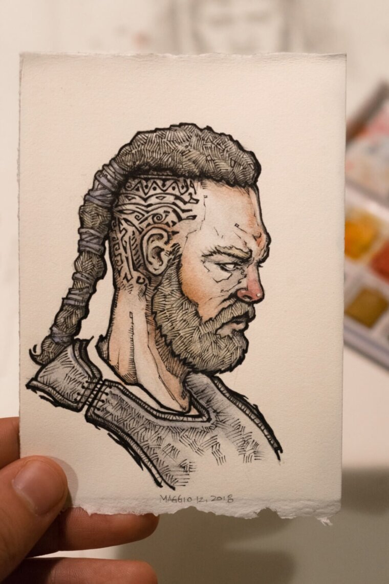 Parte del proceso del retrato de vikingo con marcadores copic y acuarelas