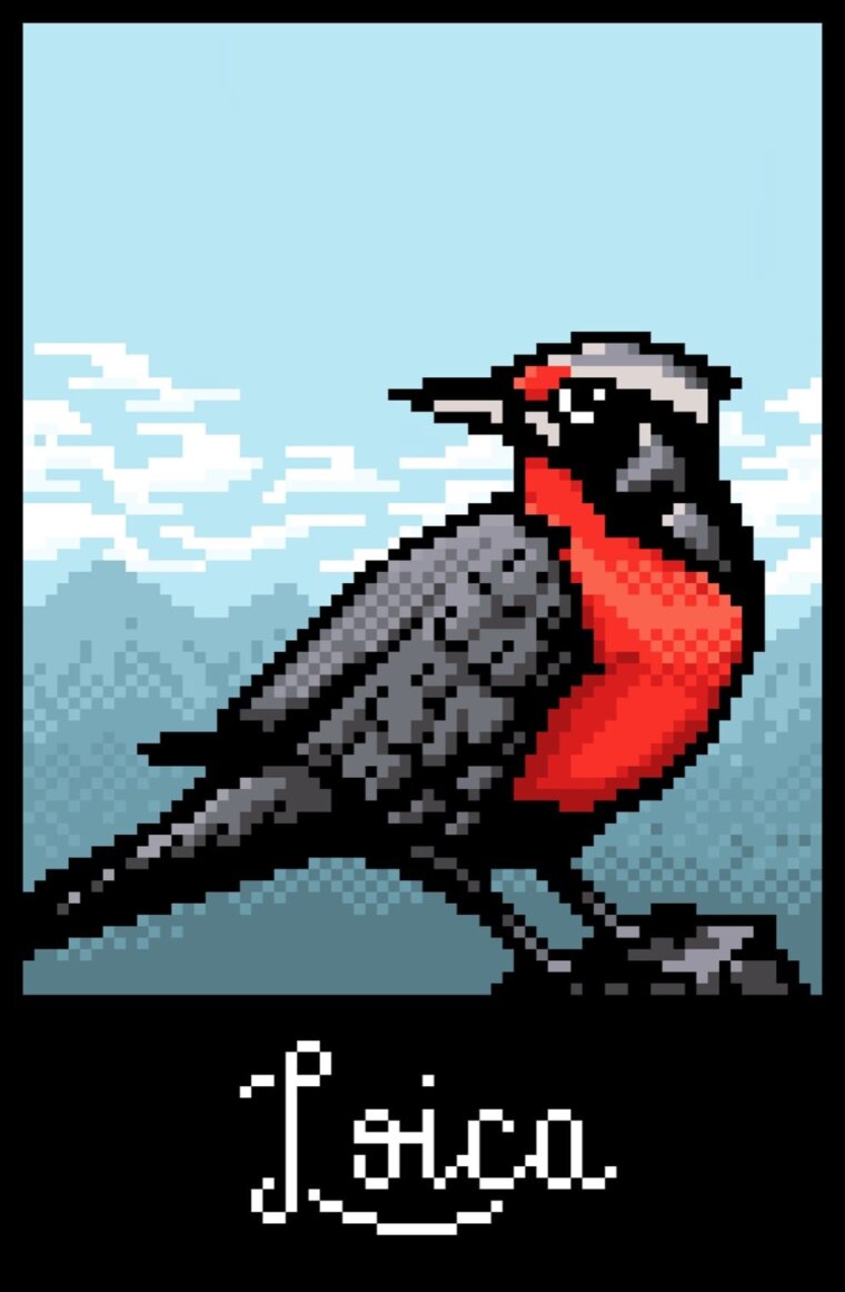 Ilustración pixel-art de loica, ave de Chile