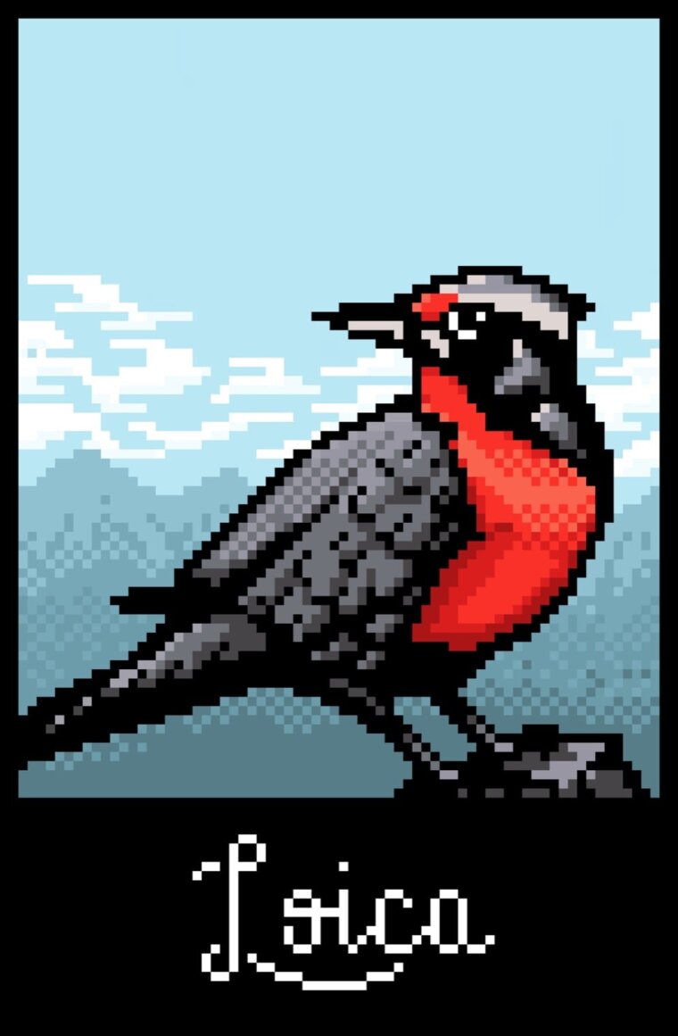 Ilustración pixel-art de loica, ave de Chile