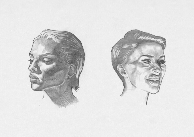 Boceto de rostros de mujeres con iluminación dramática