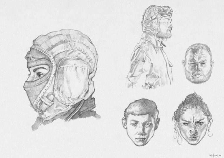 Distintos bocetos de caras de personajes