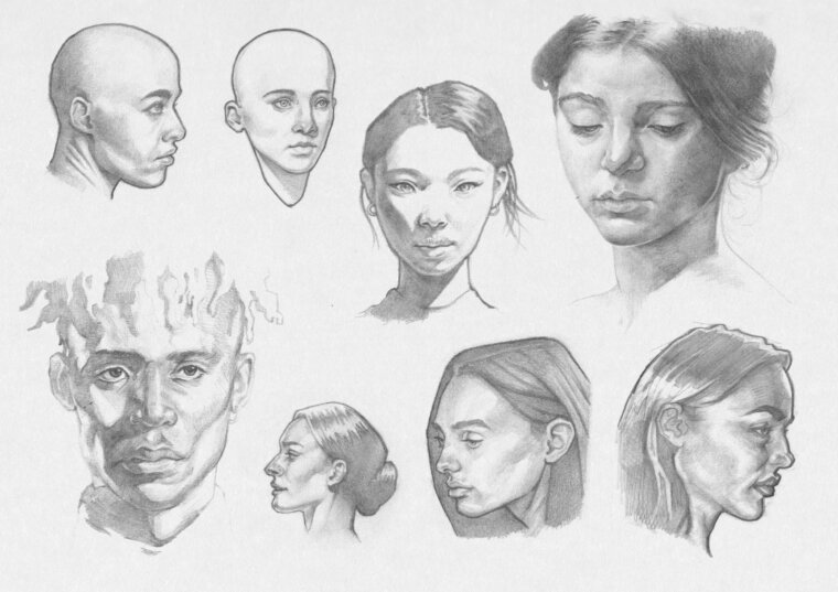 Distintos bocetos de caras de personajes