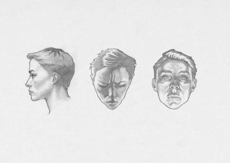 Bocetos de rostro de una mujer en distintos ángulos