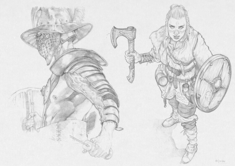 Dibujo de un hombre con armadura romana y mujer vikinga