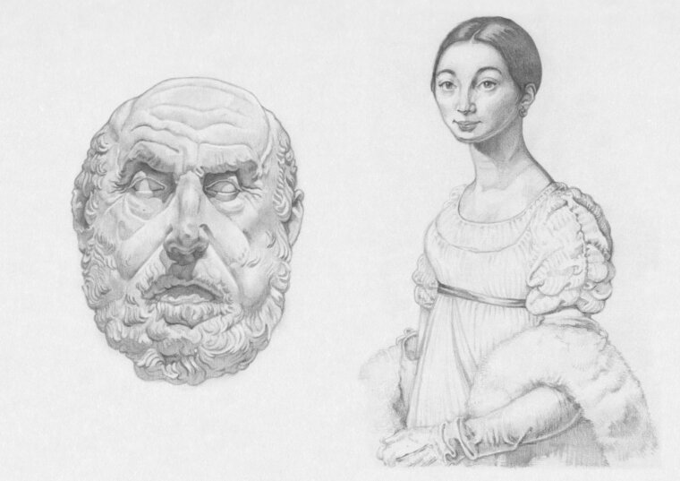 Boceto de busto antiguo y de una pintura de Ingres