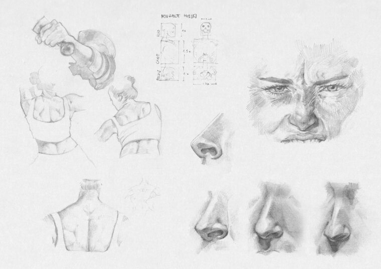 Boceto con lápiz grafito de rostros, narices y más