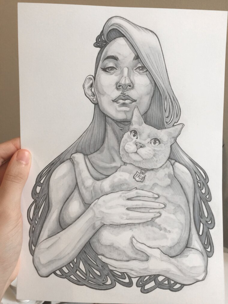 Ilustración finalizada de la chica con gato
