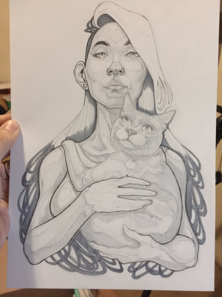Parte del proceso de la ilustración de una chica con gato, primeras capas que hice con los marcadores Copic