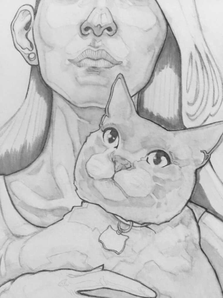 Acercamiento de dibujo finalizado de chica con gato, hecho con lápiz grafito y rotuladores Copic
