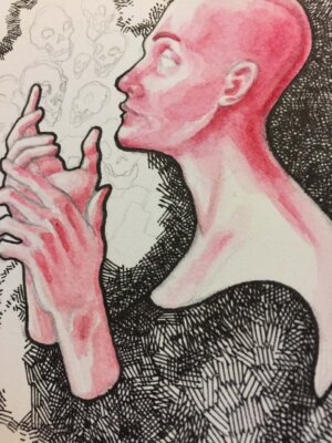 Acercamiento del achurado en tinta para el dibujo de una mujer demonio con calaveras