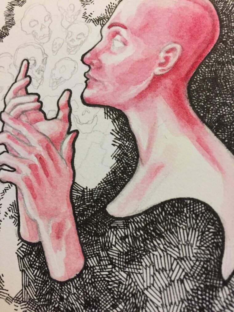 Acercamiento del achurado en tinta para el dibujo de una mujer demonio con calaveras