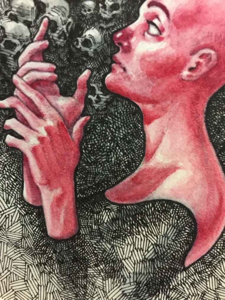 Otro acercamiento más detallado del achurado en tinta para el dibujo de una mujer demonio con calaveras