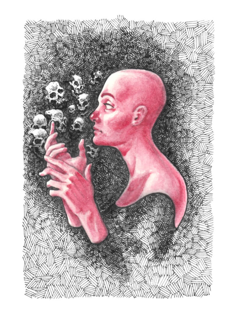 Ilustración de una mujer demonio con calaveras finalizado