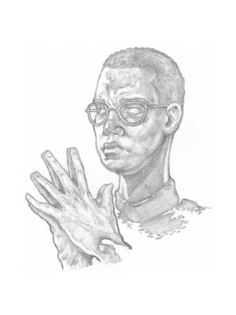 Boceto con lápiz grafito acabado de un hombre concentrado con gafas