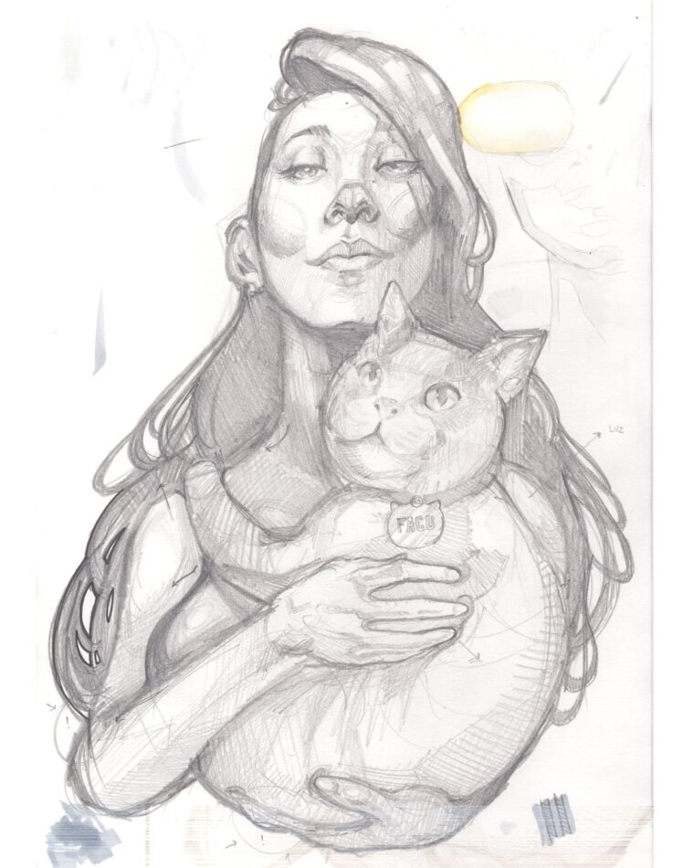 Boceto original para la ilustración de la chica con gato