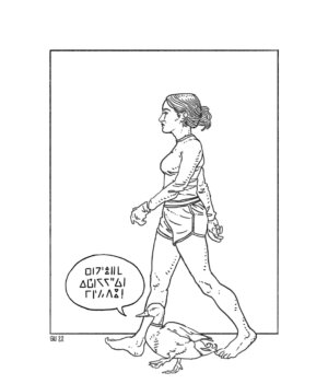 Boceto de pato hablante y chica caminando